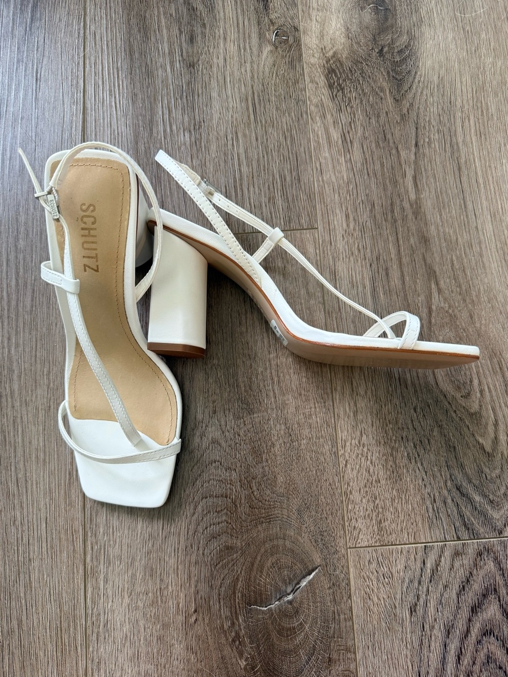 SCHUTZ White Strappy Square-Toe Block Heel Sandals